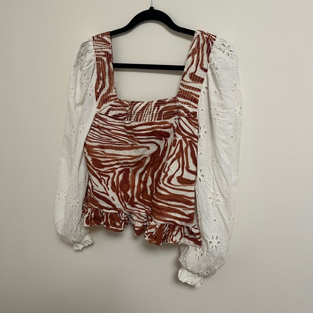 Anthro. Love the Label Smocked Zebra Blouse with Eyelet Puff Sleeves, M - Picture 5 of 15